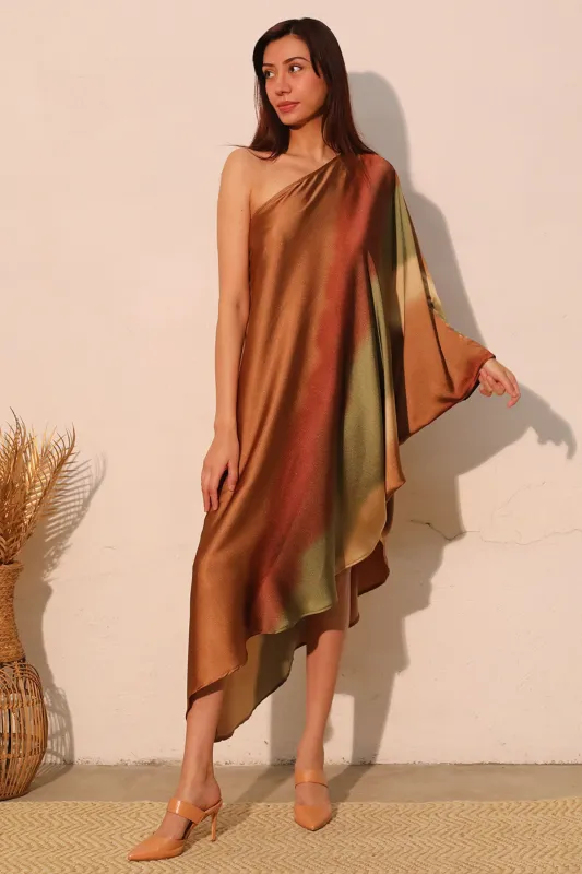 Olivia Ombre Satin Asymmetrical One Sleeve Dress sold by fab'rik