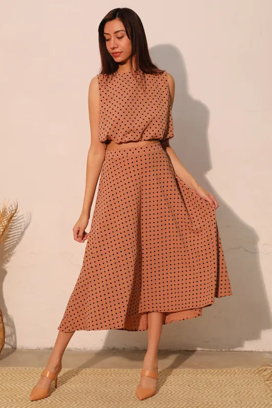 Lucy Flocked Polka Dot Midi Swing Skirt sold by fab'rik