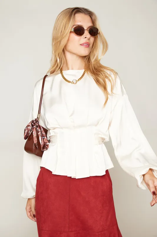 Delana Round Neck Puff Sleeve Satin Top sold by fab'rik