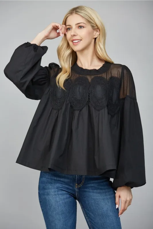 Lilah Lace Applique Long Sleeve Blouse sold by fab'rik