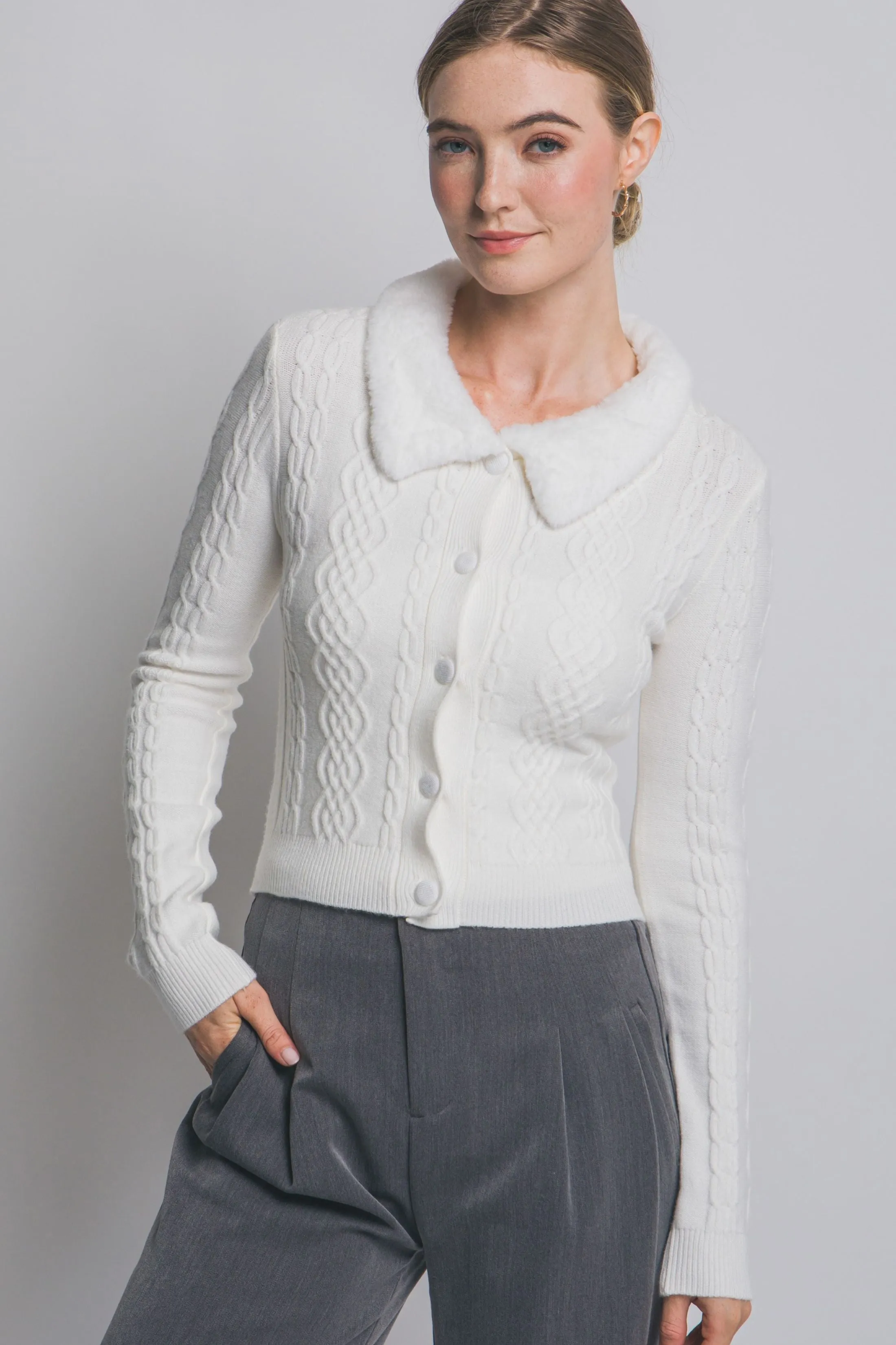 Stevie Faux Fur Collared Cardigan sold by fab'rik