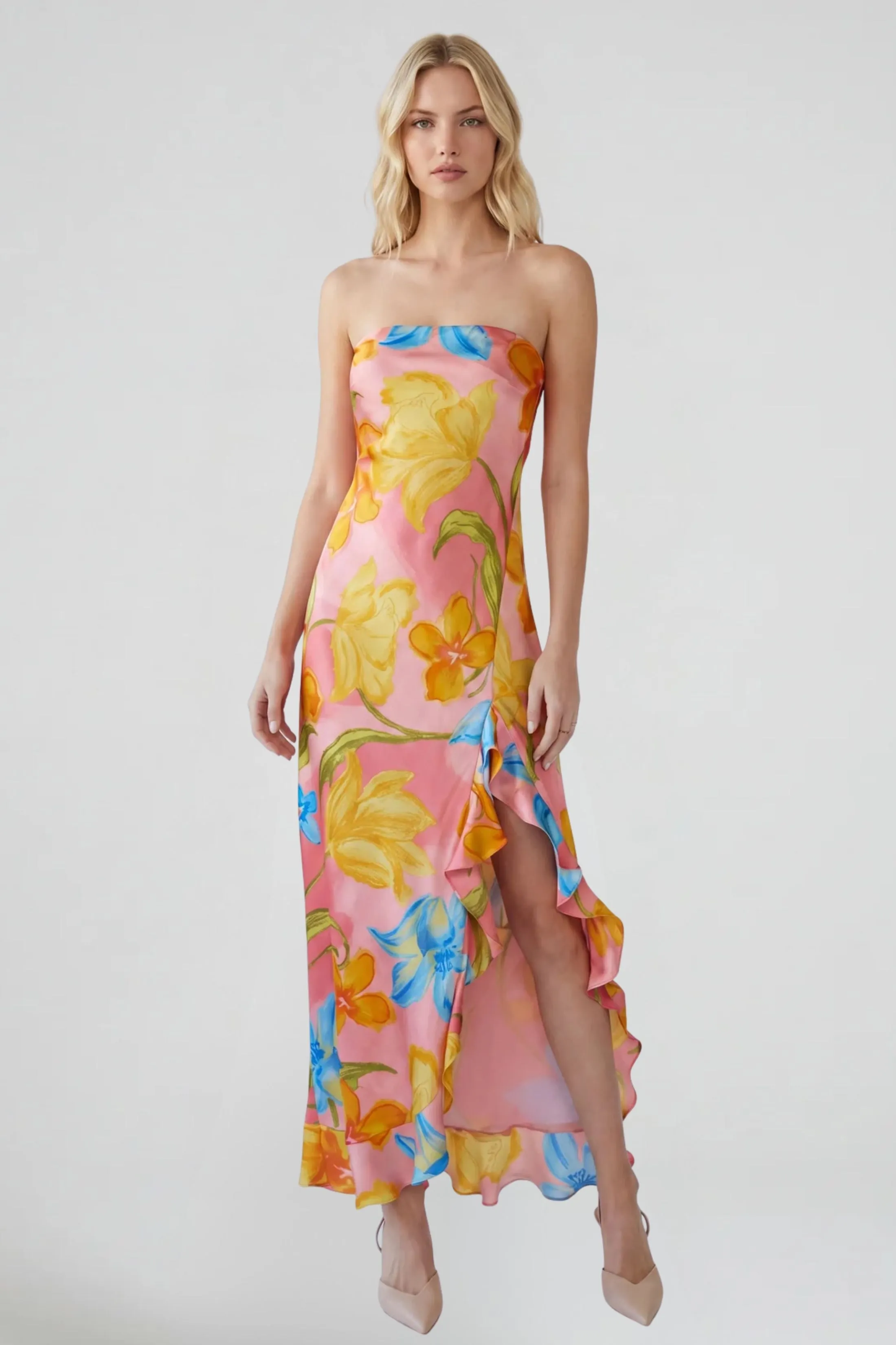 Rosie Strapless Ruffled Slit Maxi Dress sold by fab'rik