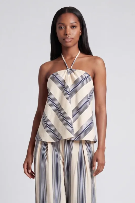 Tara Linen Striped Halter Neck Top made by emory park