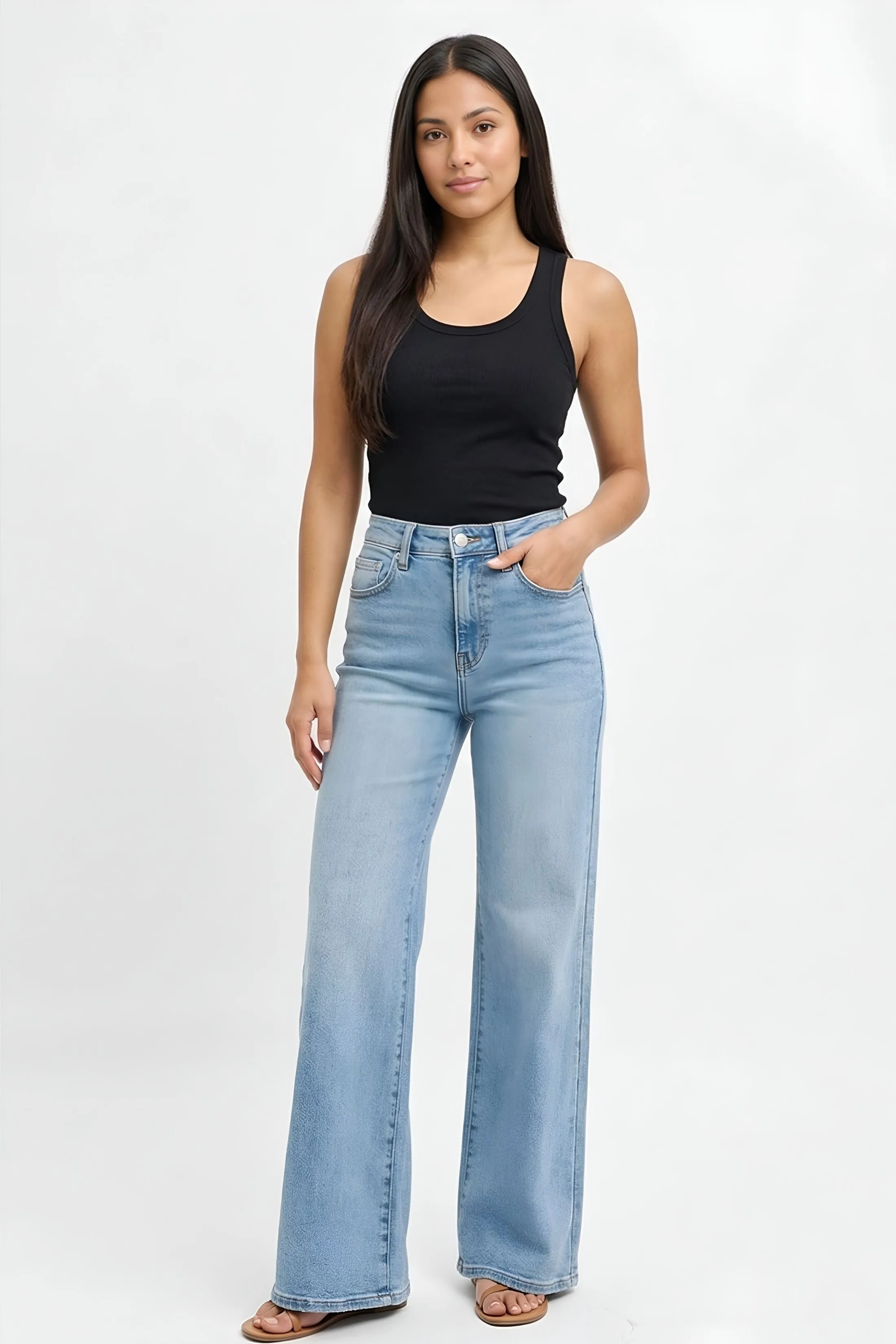 Mari High Rise Wide-Front Yoke Detail Jeans sold by fab'rik