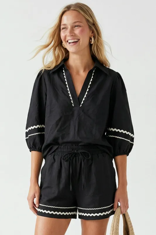Herra Contrast Trim Puff Sleeve Linen Blouse made by Naked Zebra