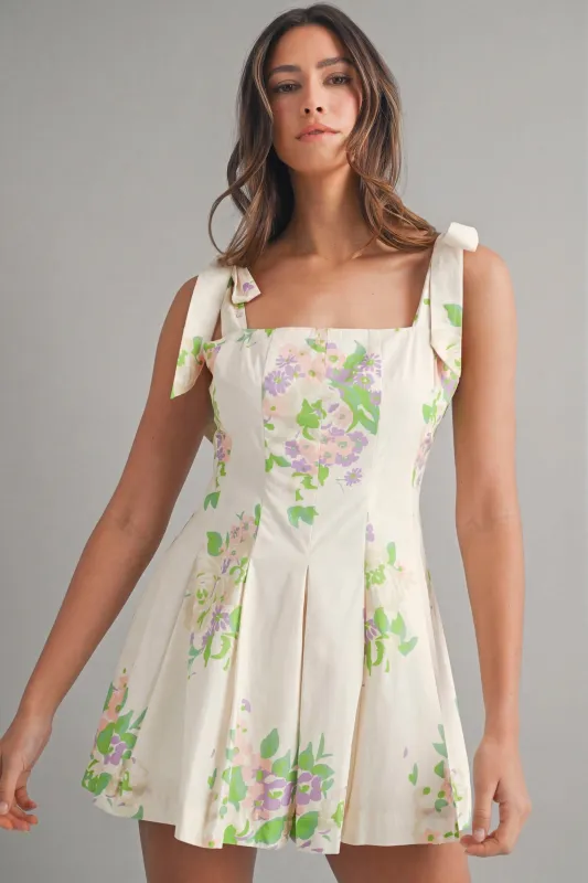 Cyrus Floral Print Shoulder Self Tie Romper made by MABLE