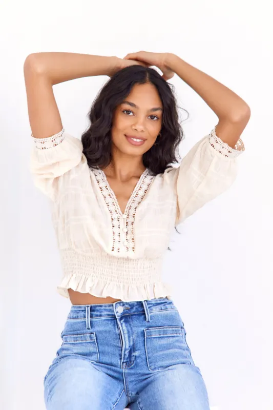 SALE - Carmella Lace Trim Smock Waist Blouse sold by fab'rik