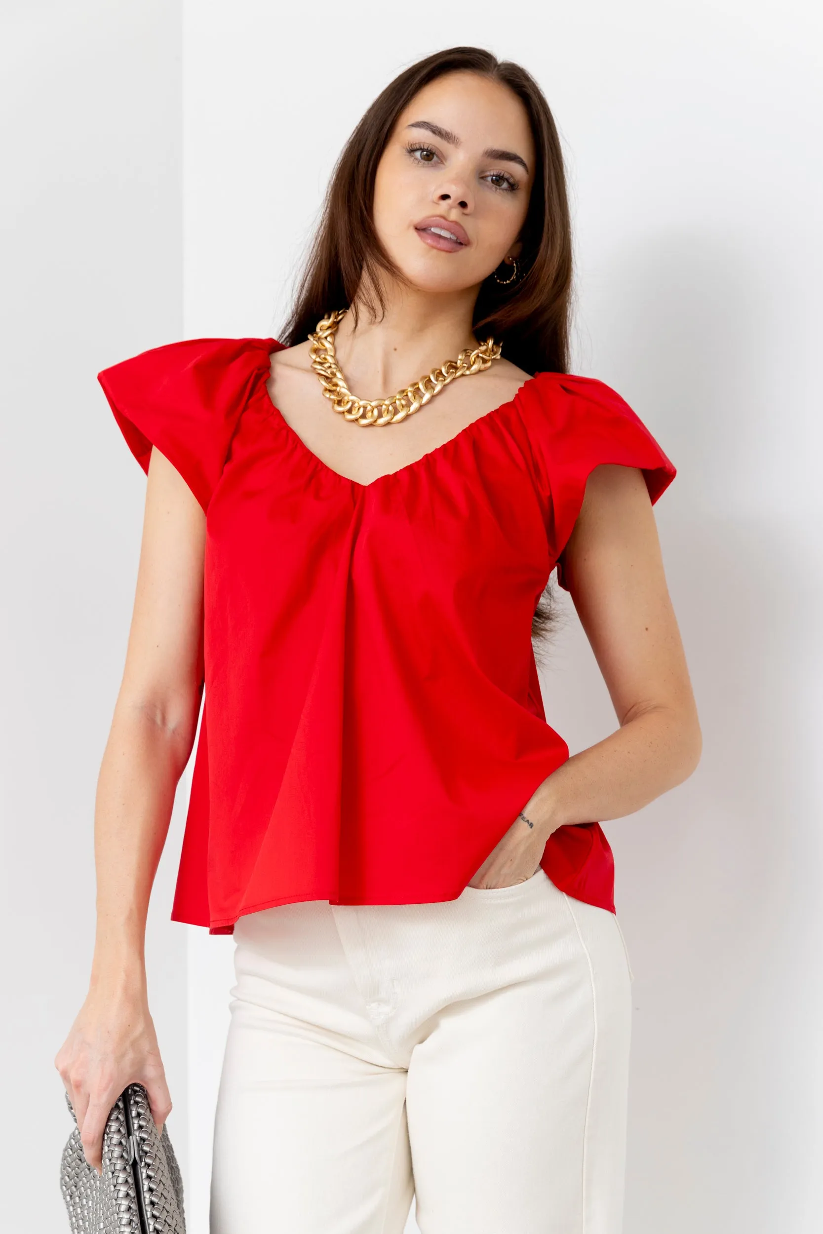 Skyla V Neck Puff Sleeve Poplin Top sold by fab'rik