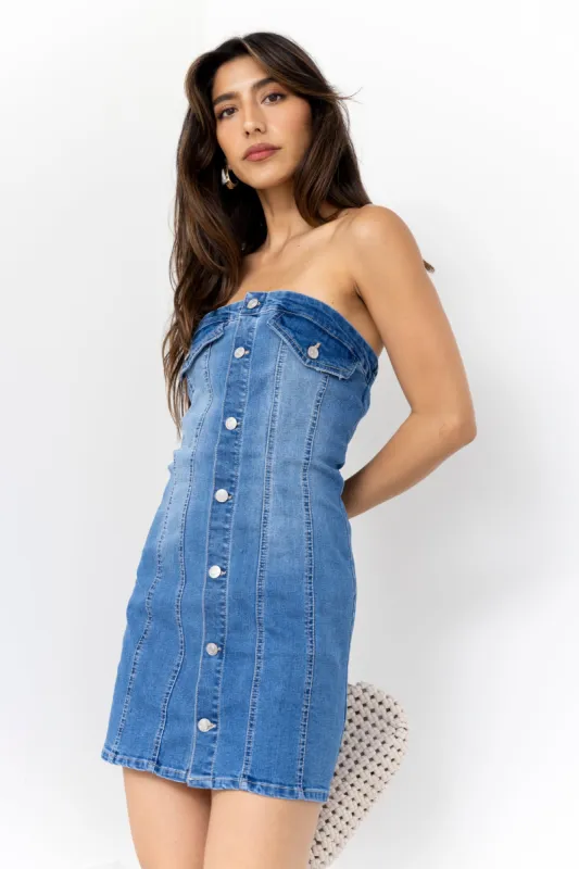 Lara Denim Tube Button Mini Dress sold by fab'rik