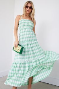 Abigail Plaid Smocked Tiered Midi Dress sold by fab'rik