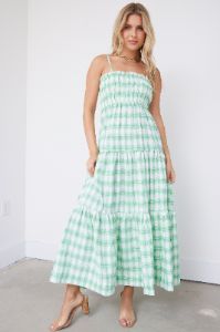 Abigail Plaid Smocked Tiered Midi Dress sold by fab'rik