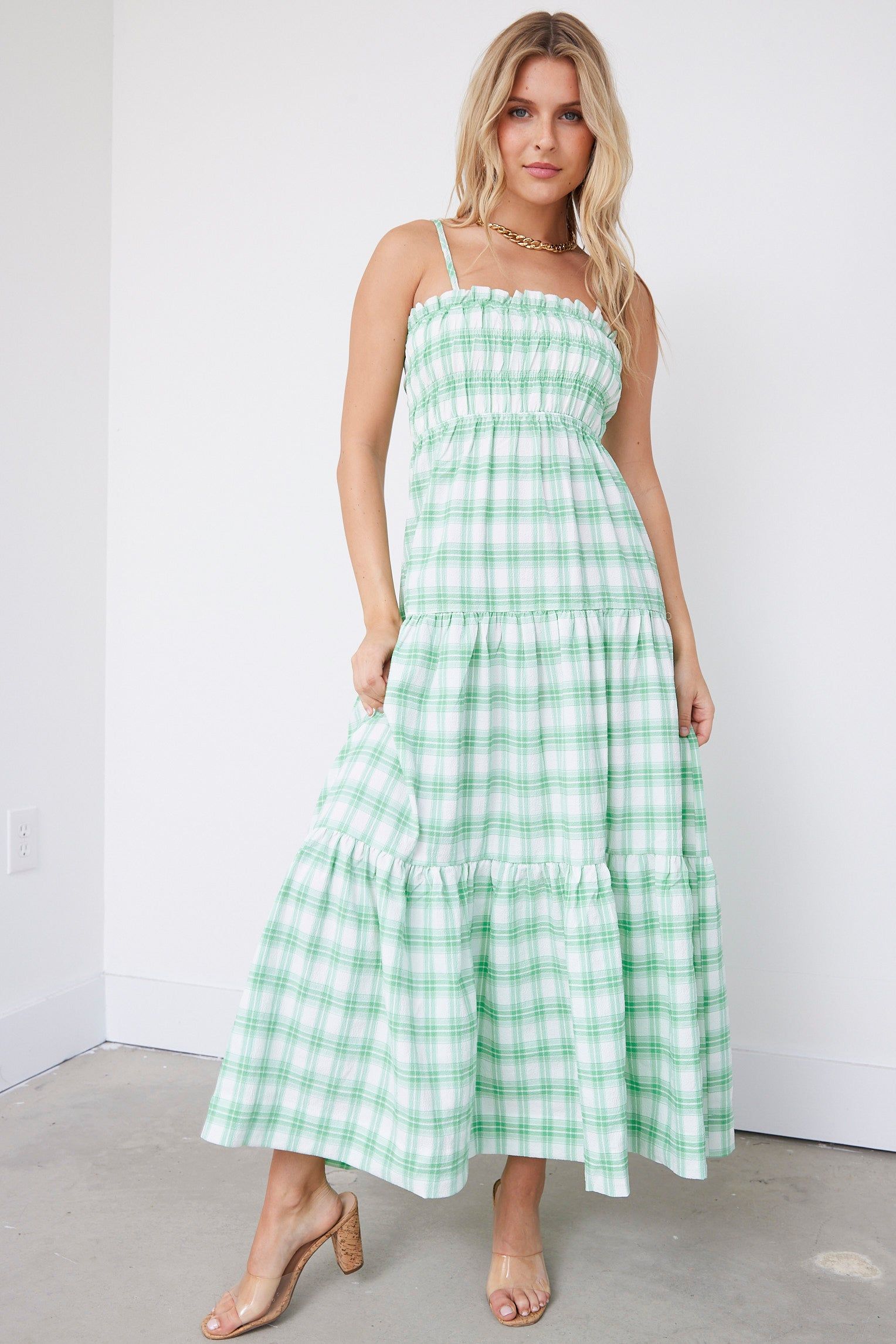 Abigail Plaid Smocked Tiered Midi Dress sold by fab'rik product image thumbnail 4