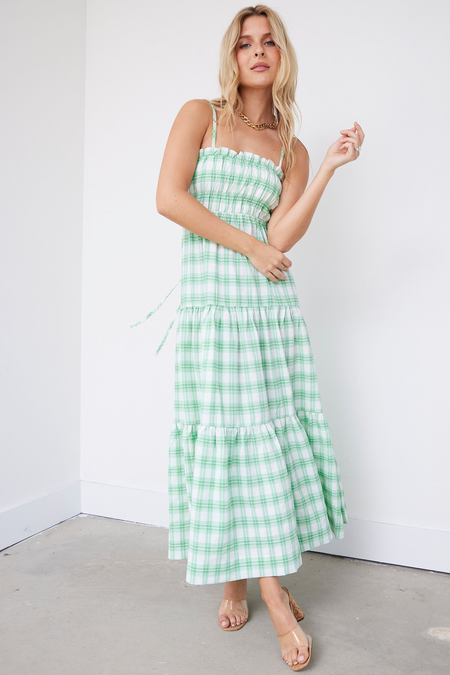 Abigail Plaid Smocked Tiered Midi Dress sold by fab'rik