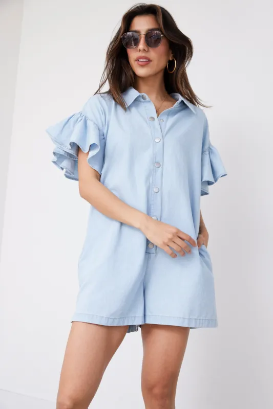 Maxwell Ruffle Sleeve Denim Romper sold by fab'rik