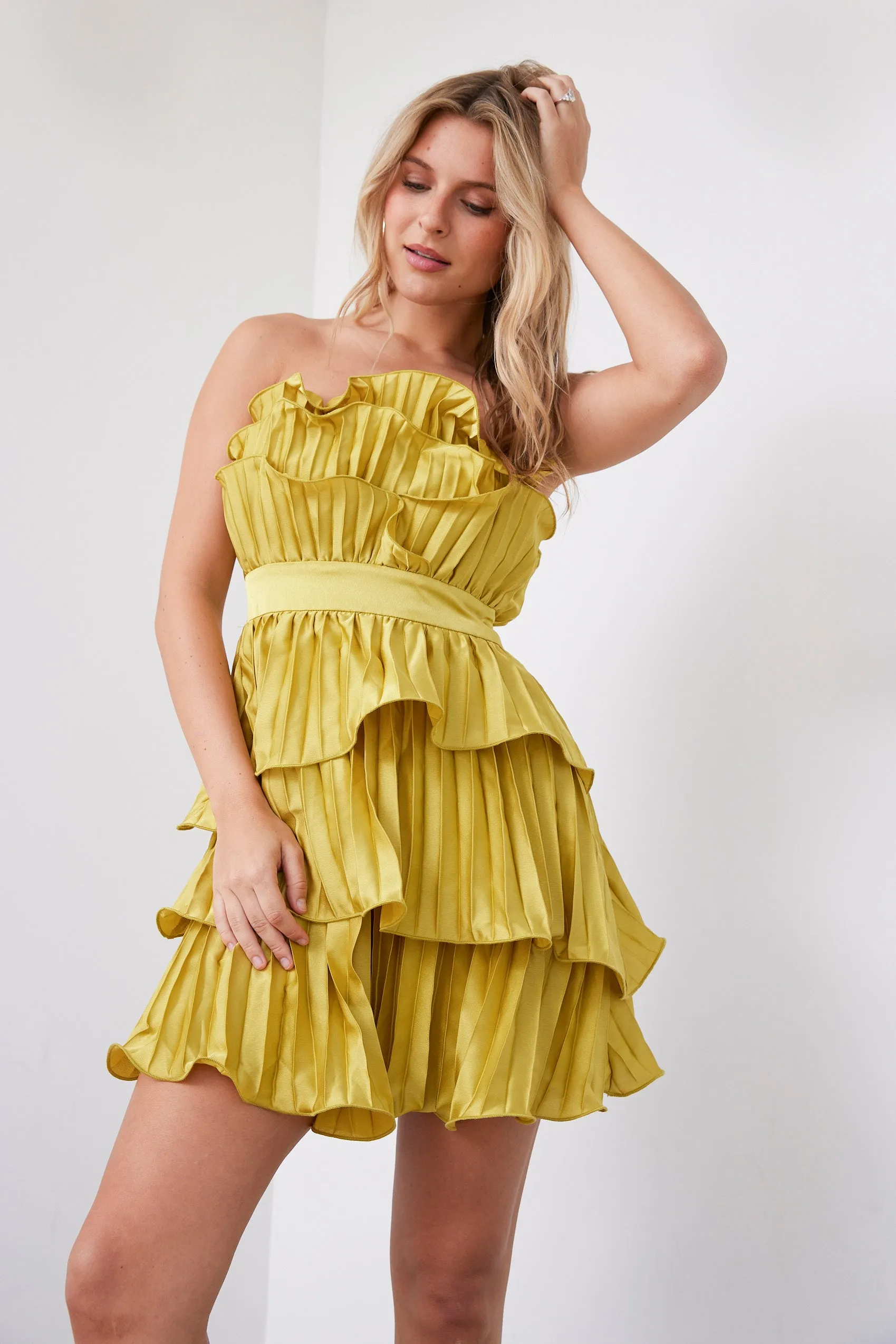 Gracie Strapless Ruffled Tiered Mini Dress sold by fab'rik
