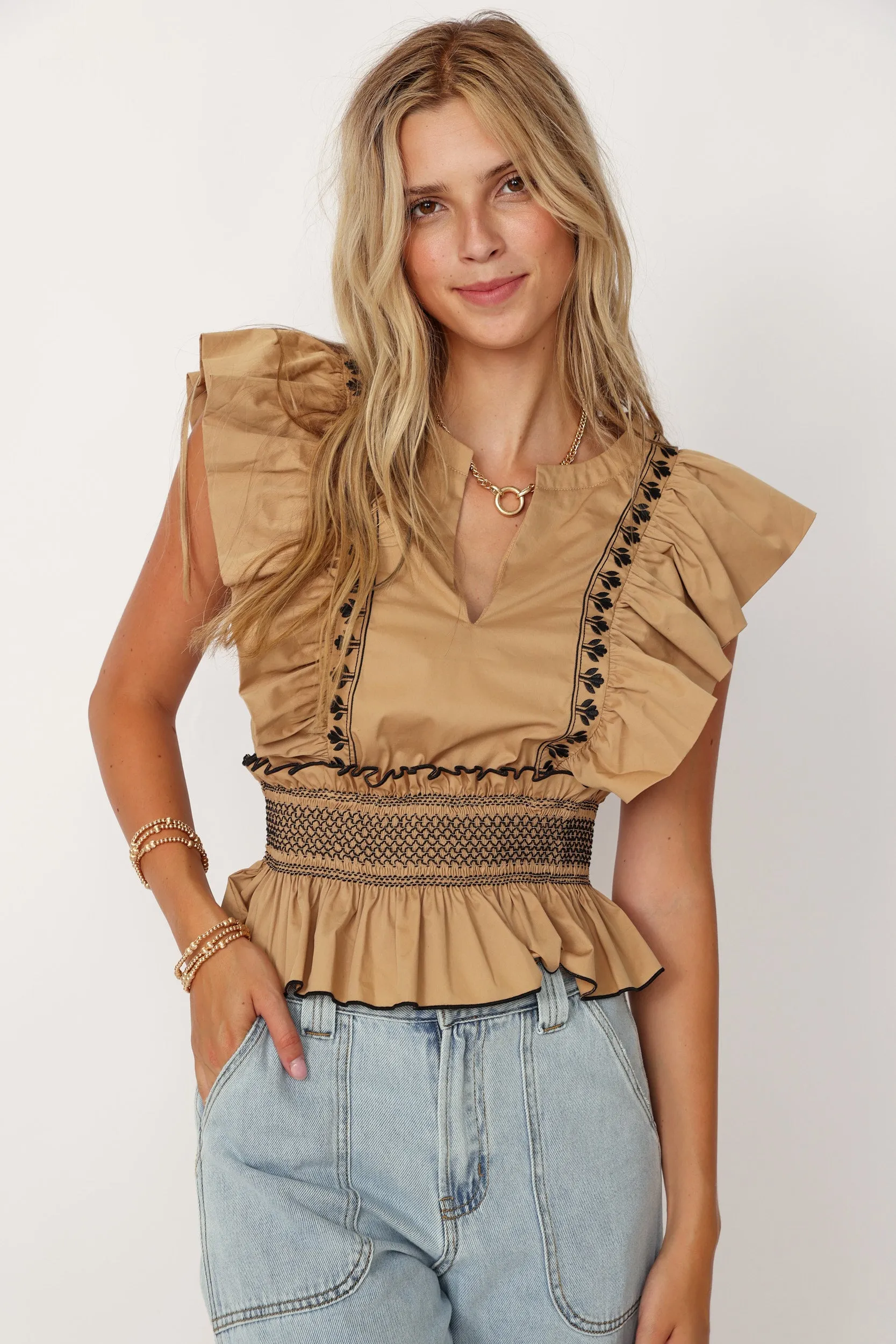 SALE - Shania Embroidered Detail Ruffle Sleeve Top sold by fab'rik