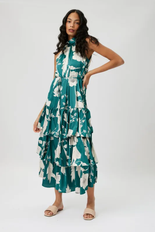 Cora Satin Tiered Maxi Dress sold by fab'rik