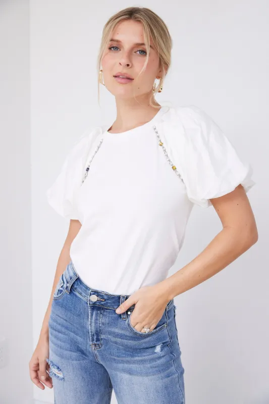 Cleo Rhinestone Detail Puff Sleeve Top sold by fab'rik