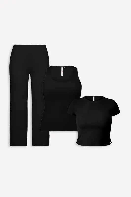 Soft Rib Tank, Tee, and Wide Leg Pant 3-Piece Bundle sold by Fabletics
