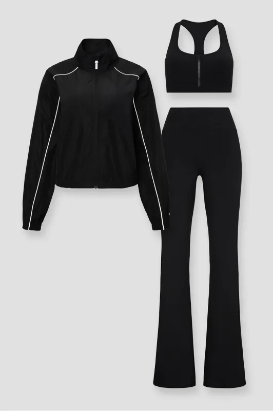 Tempo Windbreaker + Essential Front Zip Medium Impact Bra + Oasis HW Kick Flare 3-Piece Bundle sold by Fabletics