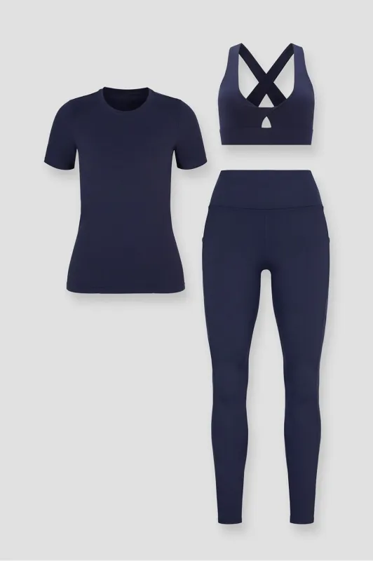 Feather Tech+ SS Top + Oasis Twist Bra + Cold Weather HW Legging 3-Piece Bundle sold by Fabletics