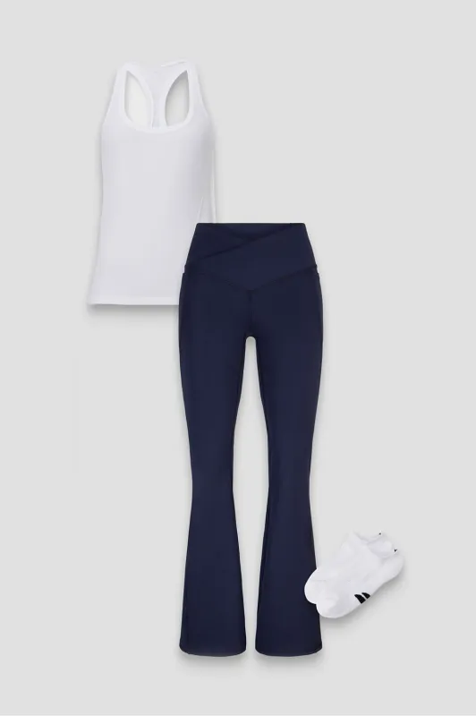 Feather Tech+ Racerback Tank + Oasis High-Waisted Crossover Flare + Sock 3- Piece Bundle made by Fabletics