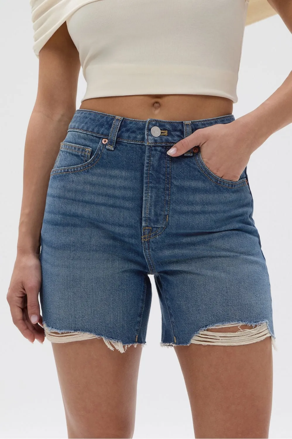 High Rise Denim Shorts 5" sold by Fabletics
