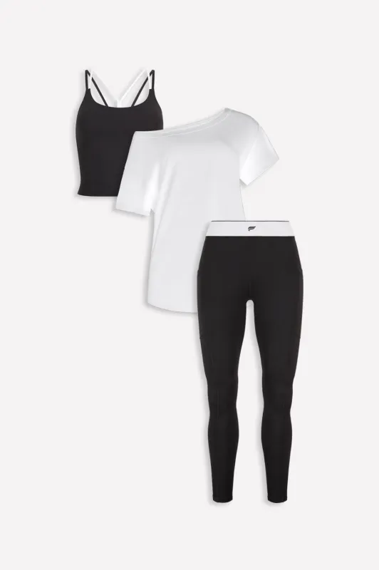 100% Cotton Oversized Tee + Principal Built-In Bra Tank + On-The-Go HW Legging 3-Piece Bundle made by Fabletics