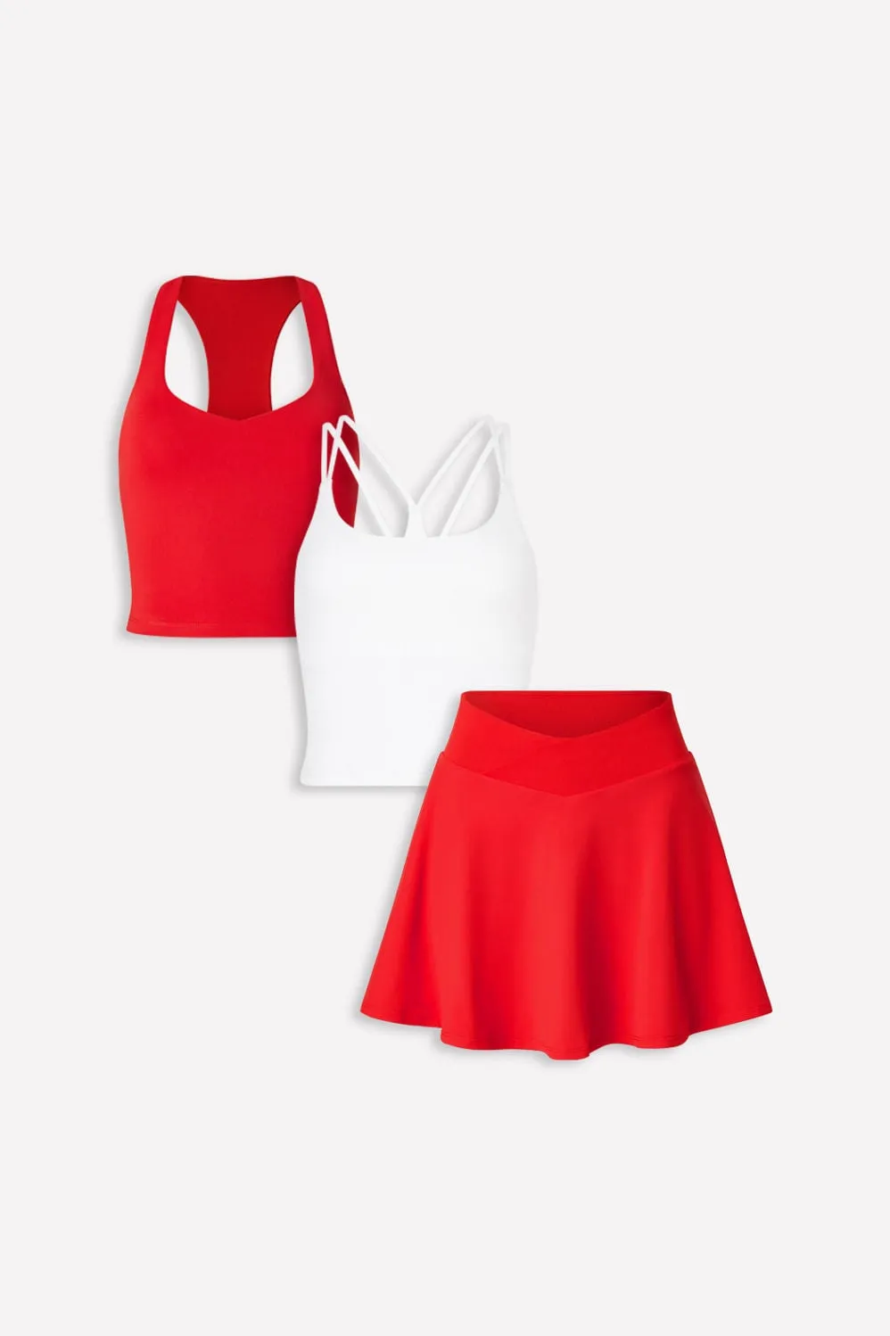 Anywhere Cropped Bra Tank + Principal Bra Tank + Crossover Flounce Mini Skirt 3-Piece Bundle sold by Fabletics