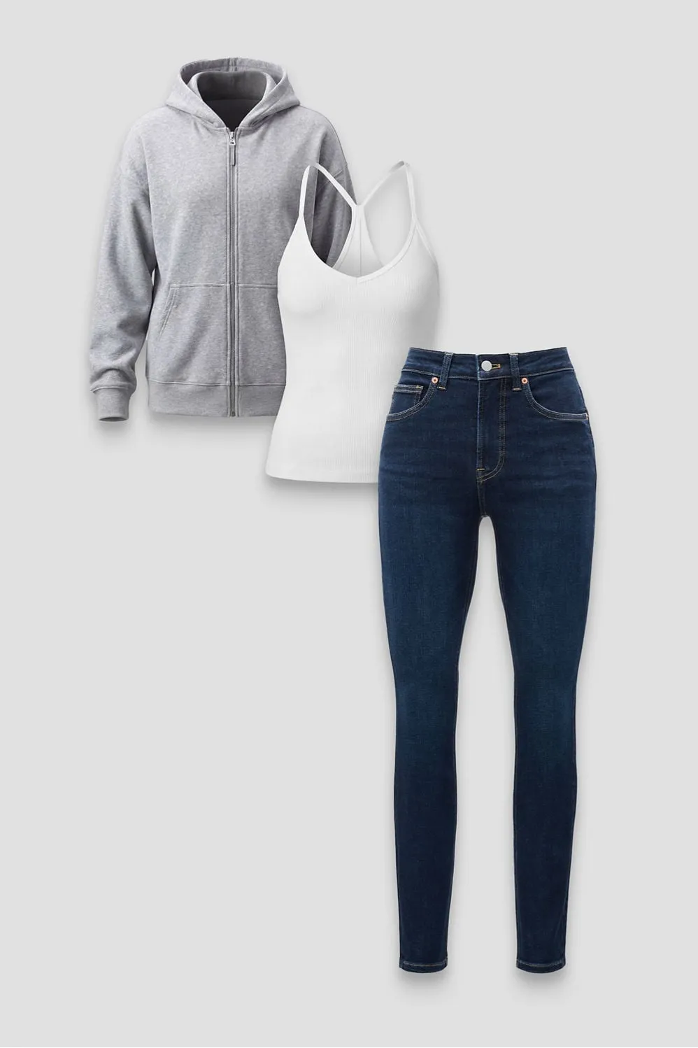 Oversized Zip Up Hoodie + V-Neck Tank + High Rise Skinny Jean 3-Piece Bundle sold by Fabletics