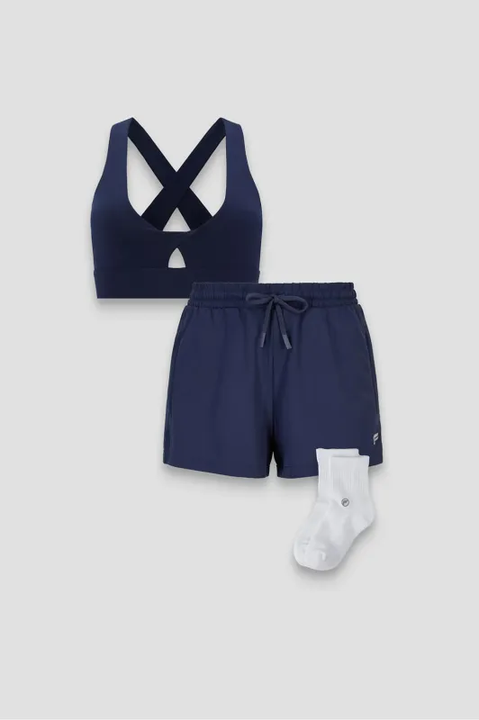 Oasis Twist Sports Bra + All Day Short + Sock 3-Piece Bundle made by Fabletics
