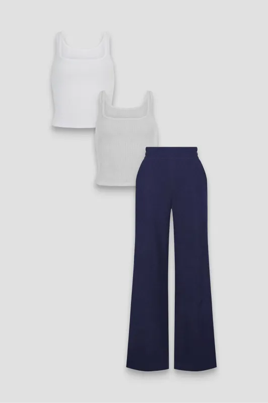 Modal Rib Cropped Tank + Modal Rib Cropped Tank + Downtown Wide Leg Pant 3-Piece Bundle made by Fabletics