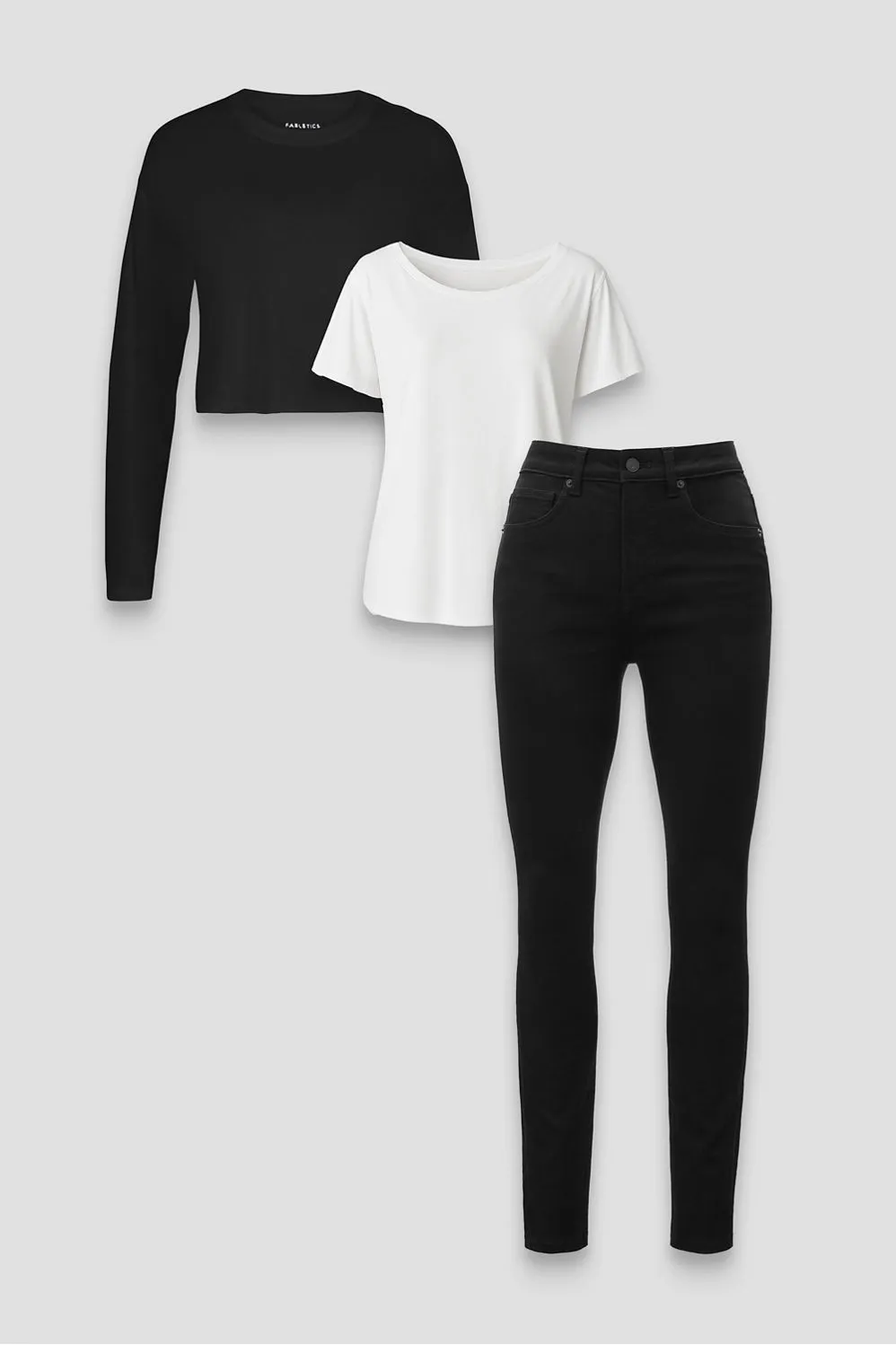 Oversized Tee + 100% Cotton Boxy L/S Tee + High Rise Skinny Jean 3-Piece Bundle sold by Fabletics