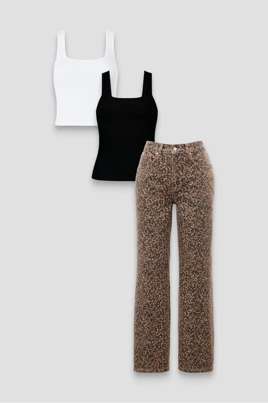 Daily Rib Square Neck Tank + Daily Rib Cropped Square Neck Tank + Mid Rise Baggy Jean 3-Piece Bundle made by Fabletics