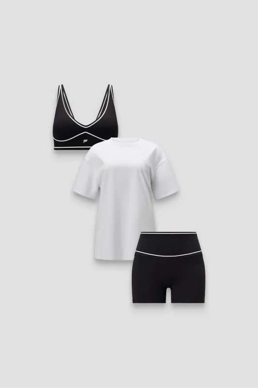 PureLuxe Low Impact Bra + 100% Cotton Short-Sleeve Tee + No-Seam PureLuxe TLC Short 3-Piece Bundle made by Fabletics
