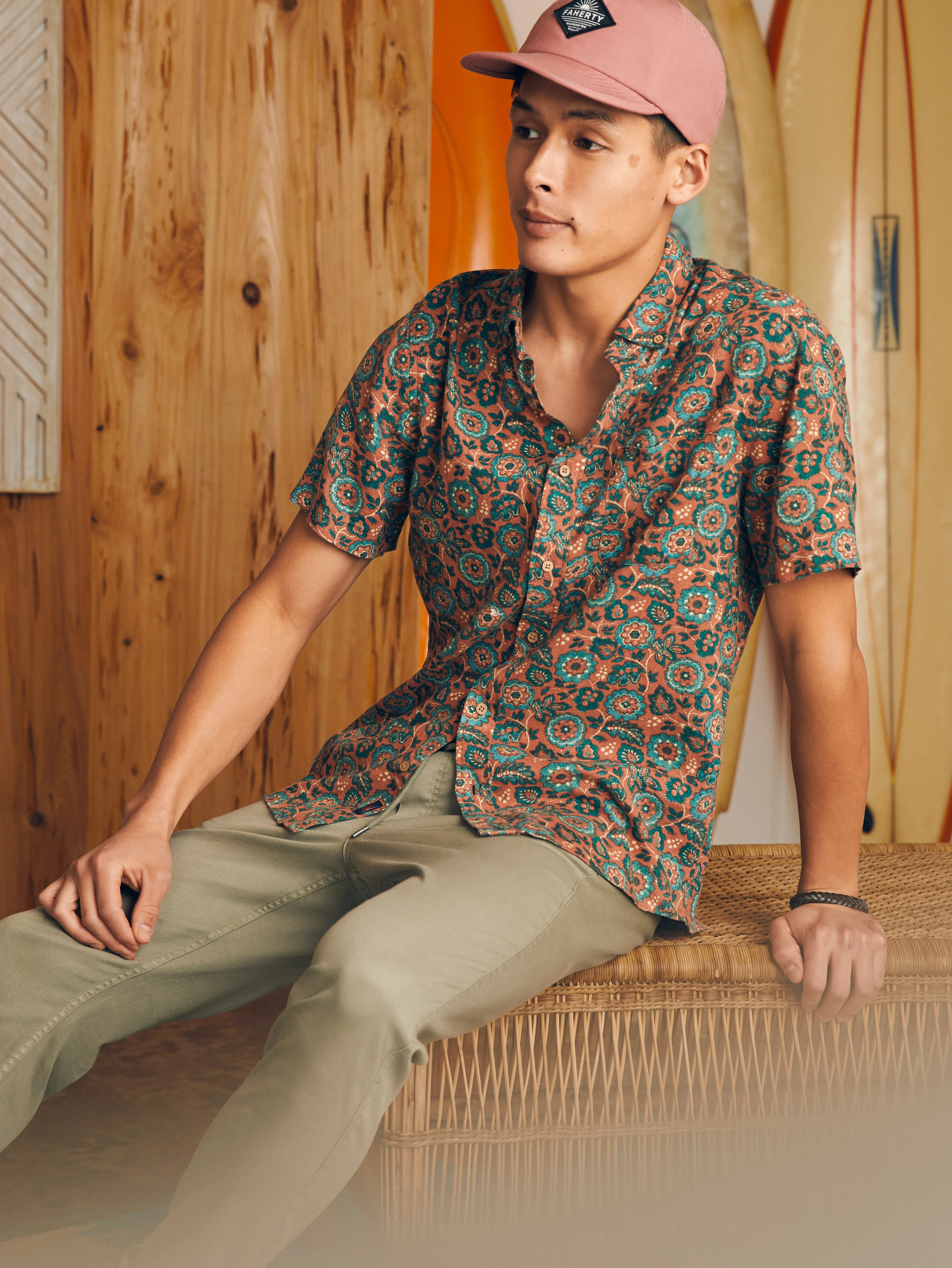 Short-Sleeve Breeze Shirt - Rose Turquoise Blossom sold by Faherty