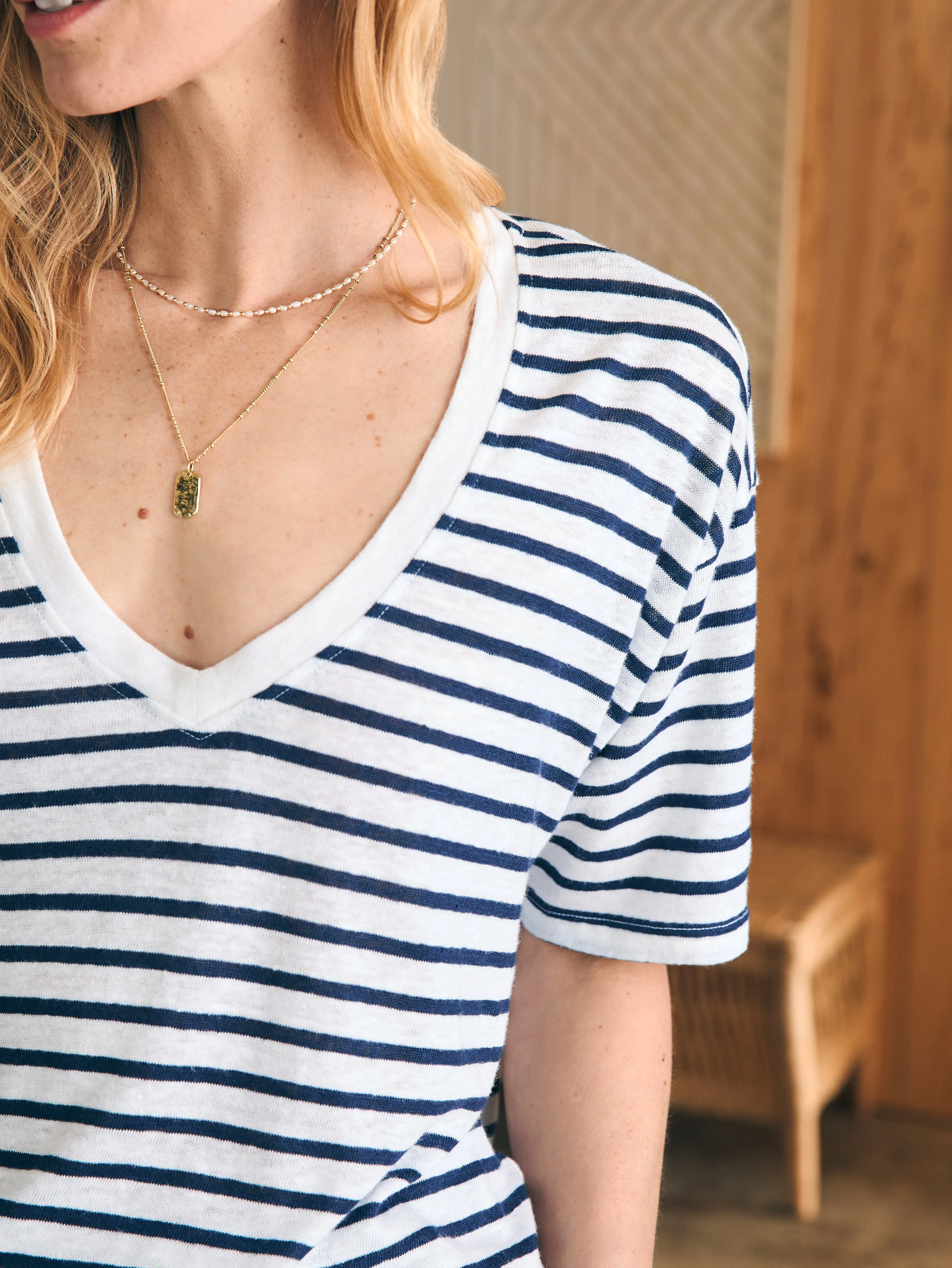 Oceanside Linen V-Neck Tee - Ahoy Stripe sold by Faherty product image thumbnail 2