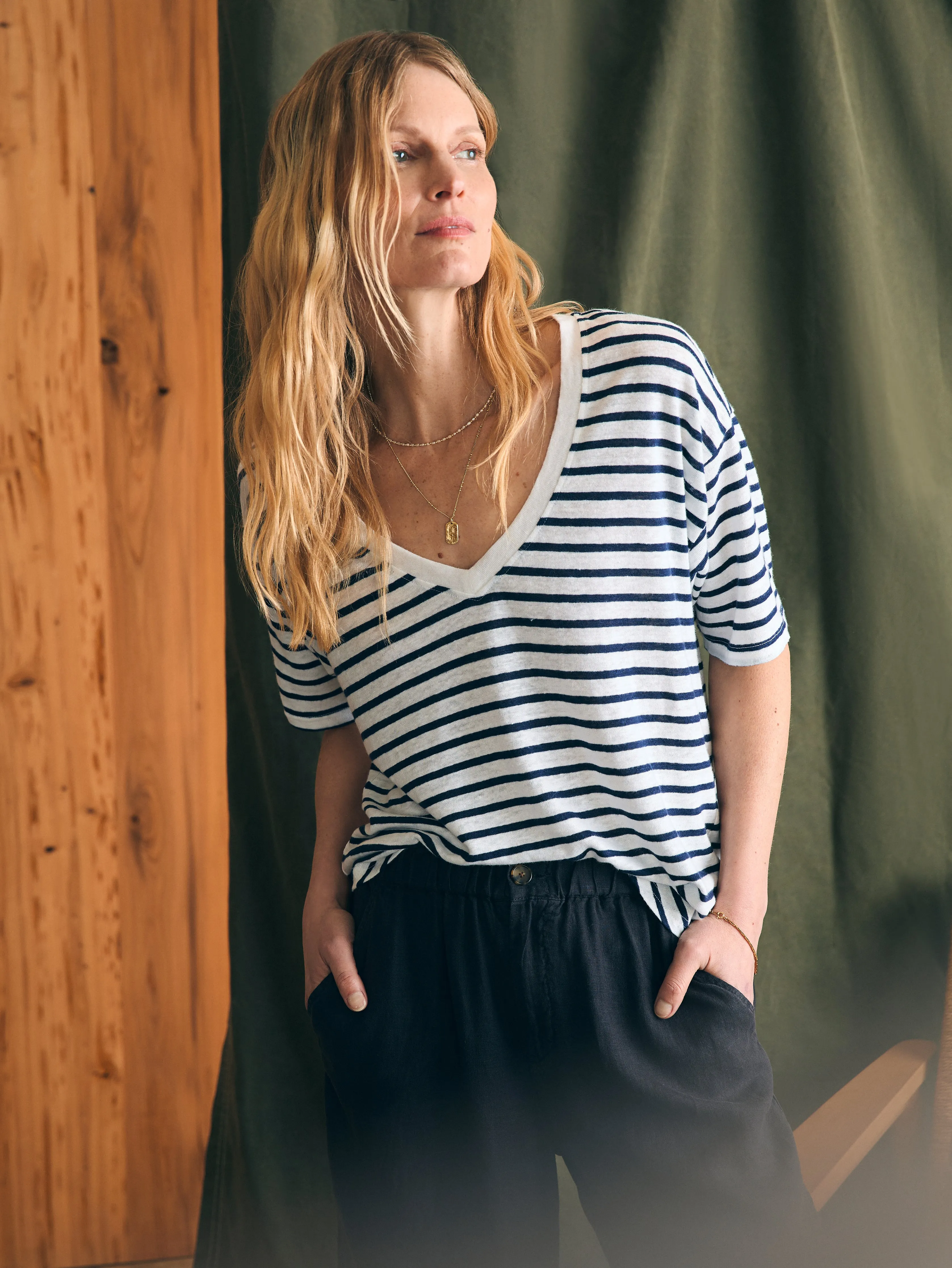 Oceanside Linen V-Neck Tee - Ahoy Stripe sold by Faherty