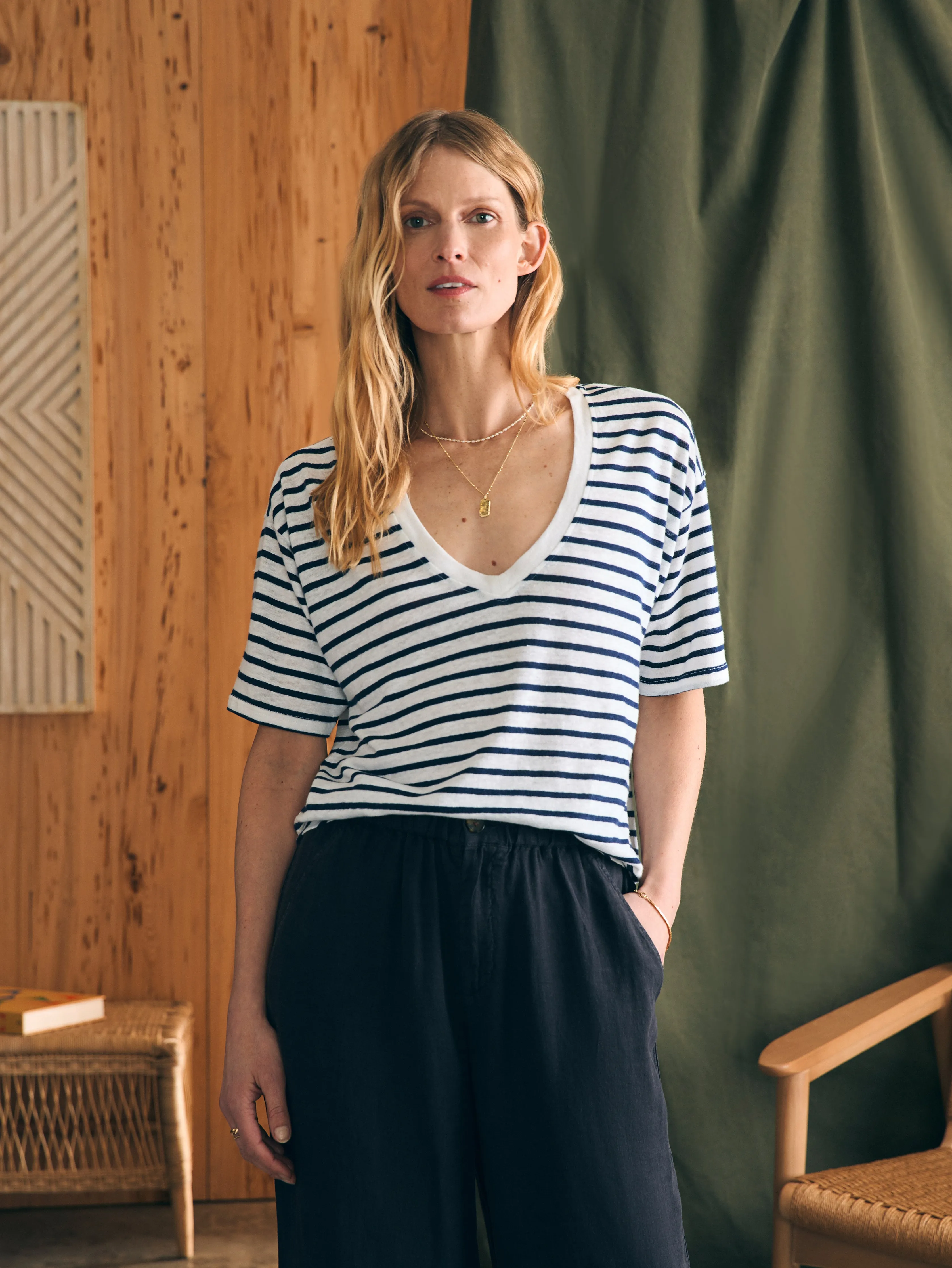 Oceanside Linen V-Neck Tee - Ahoy Stripe sold by Faherty product image thumbnail 3