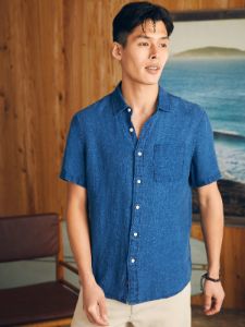 Short-Sleeve Palma Linen Shirt (Tall) - Indigo Basketweave sold by Faherty
