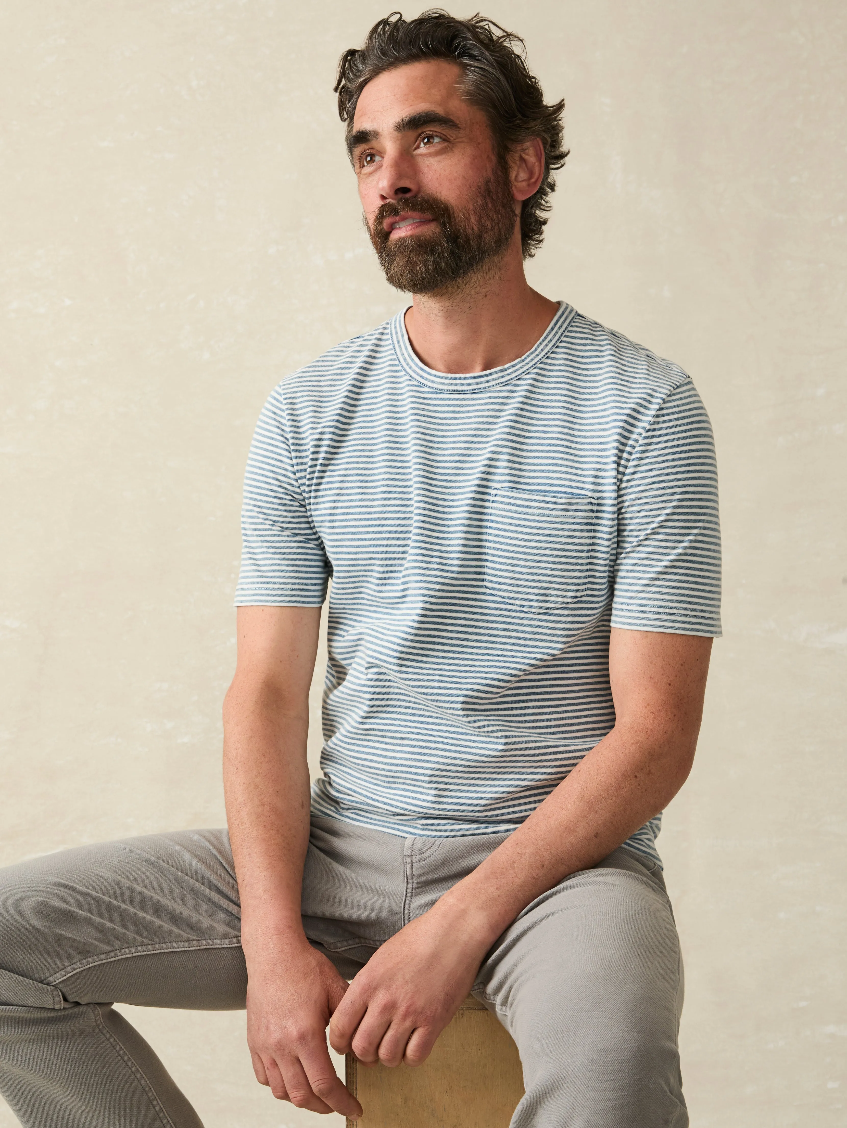 Short-Sleeve Indigo Pocket Tee - Azure Stream Stripe sold by Faherty