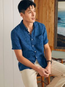 Short-Sleeve Palma Linen Shirt (Tall) - Indigo Basketweave sold by Faherty