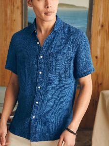 Short-Sleeve Palma Linen Shirt (Tall) - Indigo Basketweave sold by Faherty