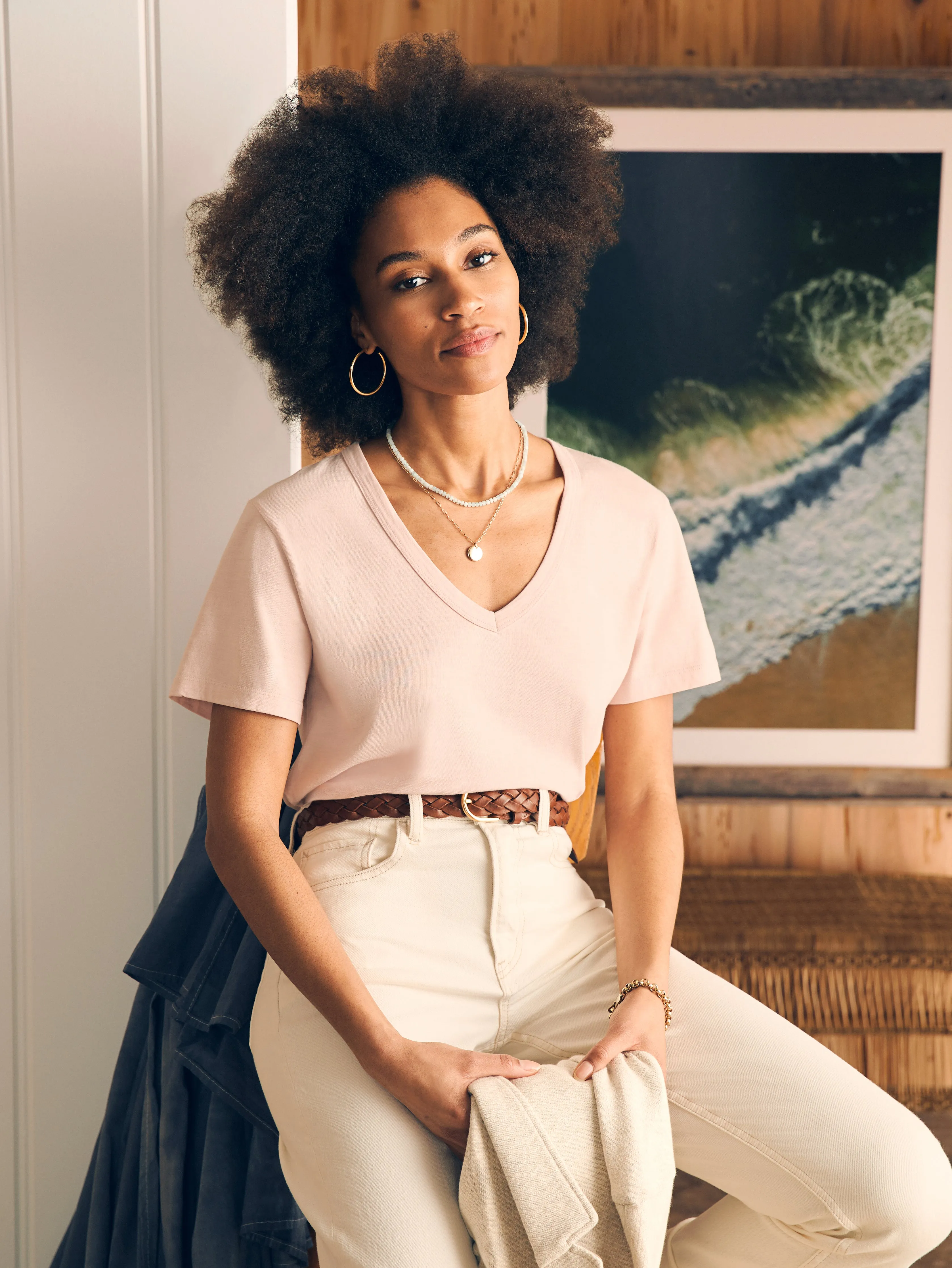 Sunwashed V-Neck Tee - Peach Whip sold by Faherty product image thumbnail 3