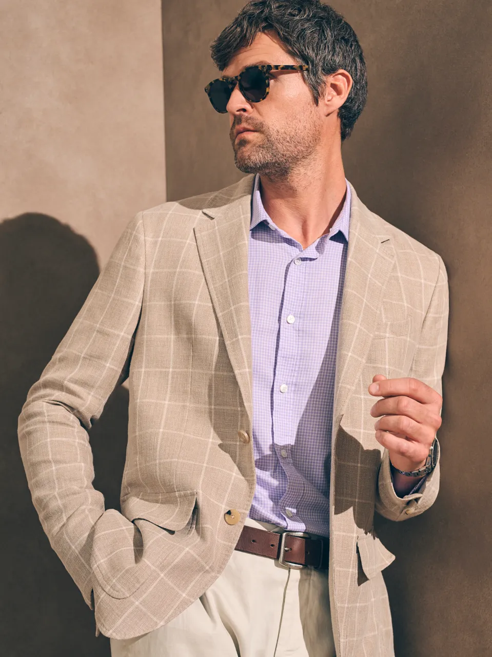 Reserve Linen Yarn Dyed Blazer - Summer Sands Windowpane sold by Faherty