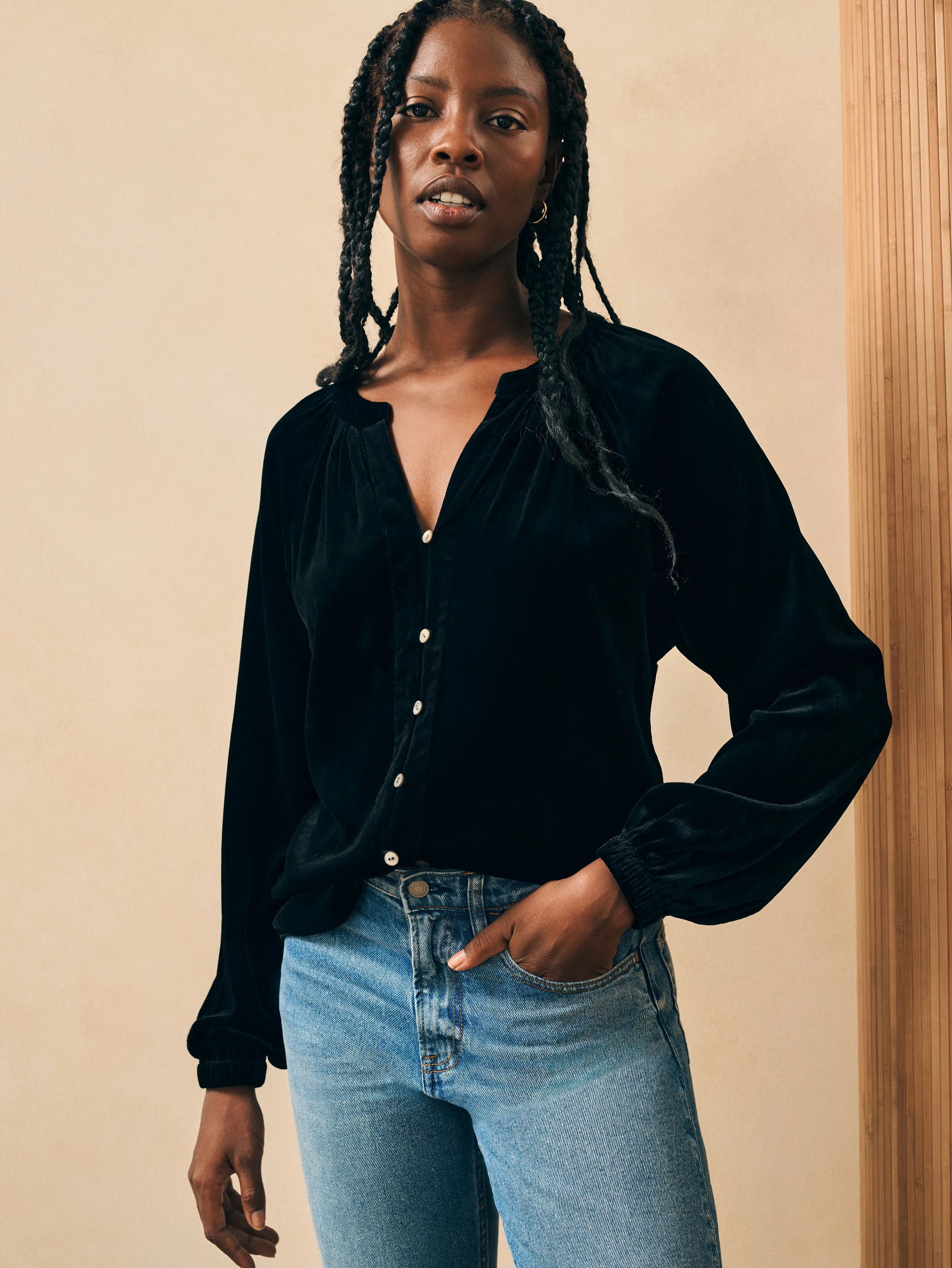 Stretch Silk Velvet Naomi Top - Black sold by Faherty