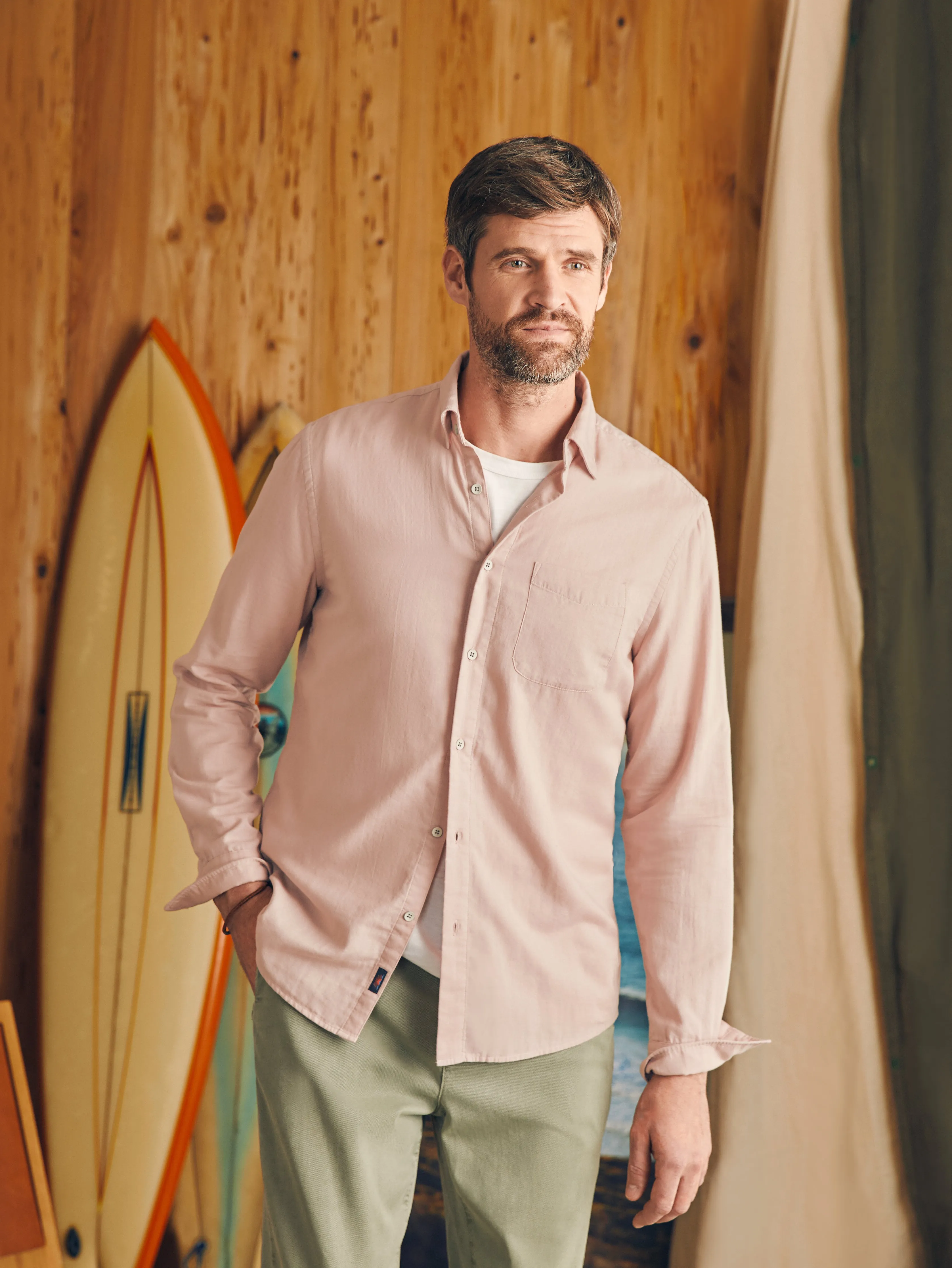 Sunwashed Chambray Shirt - Coastal Mauve sold by Faherty