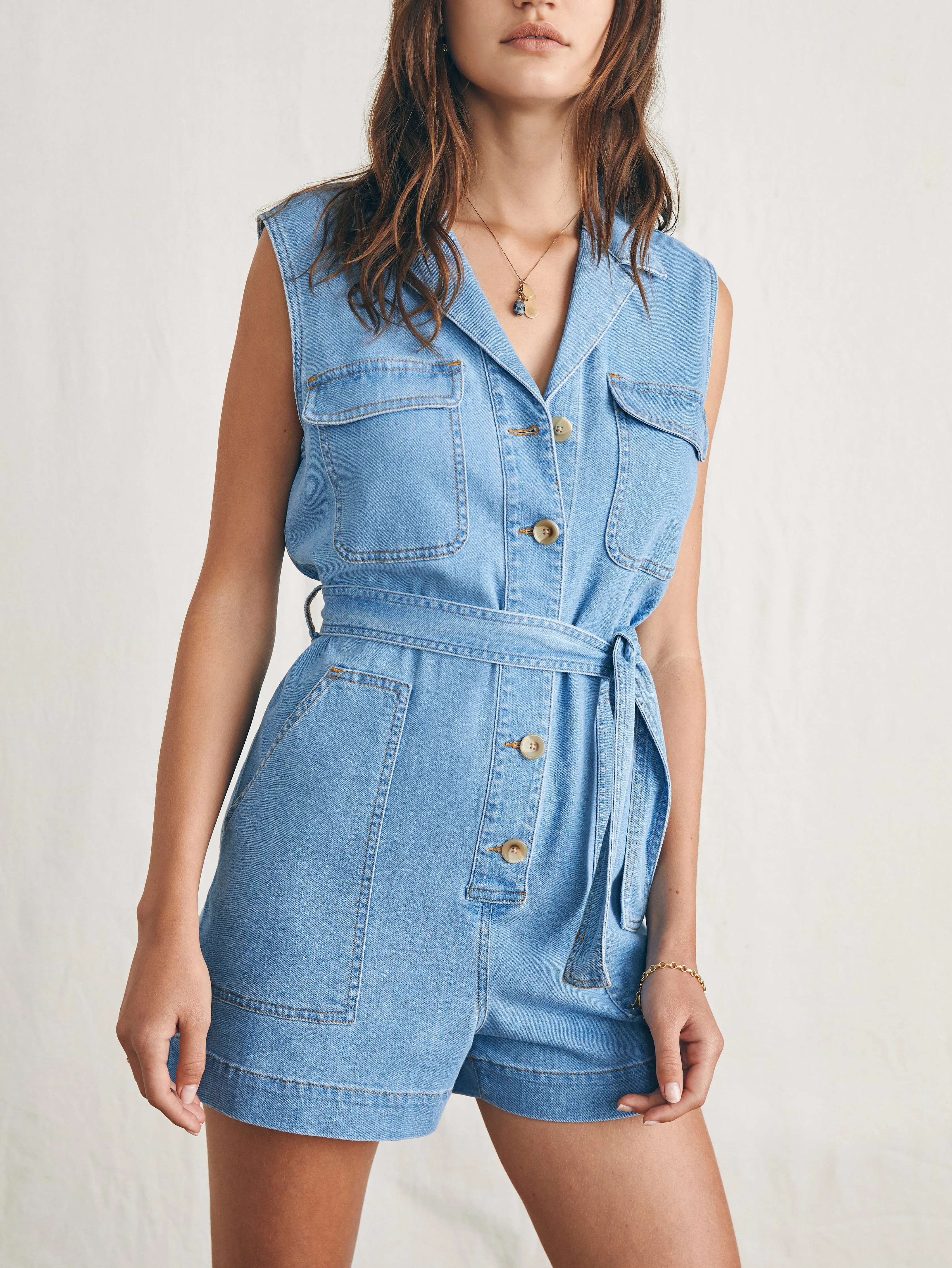 Linen Denim Romper - Sunlit Cove Wash sold by Faherty product image thumbnail 3
