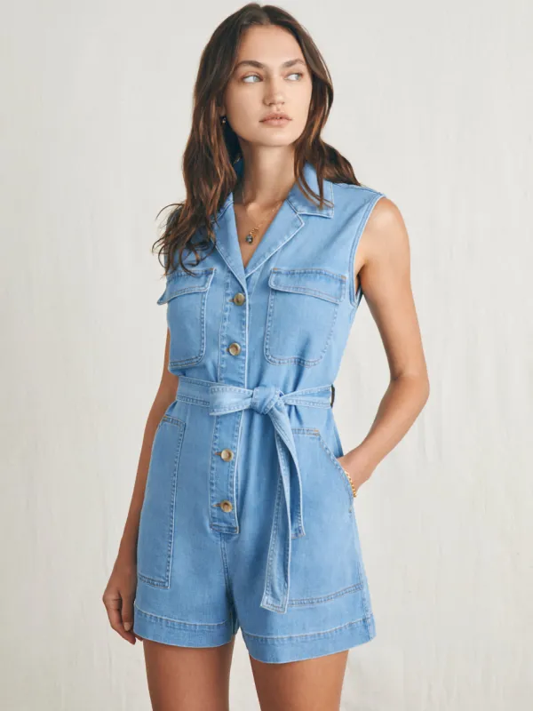 Linen Denim Romper - Sunlit Cove Wash sold by Faherty