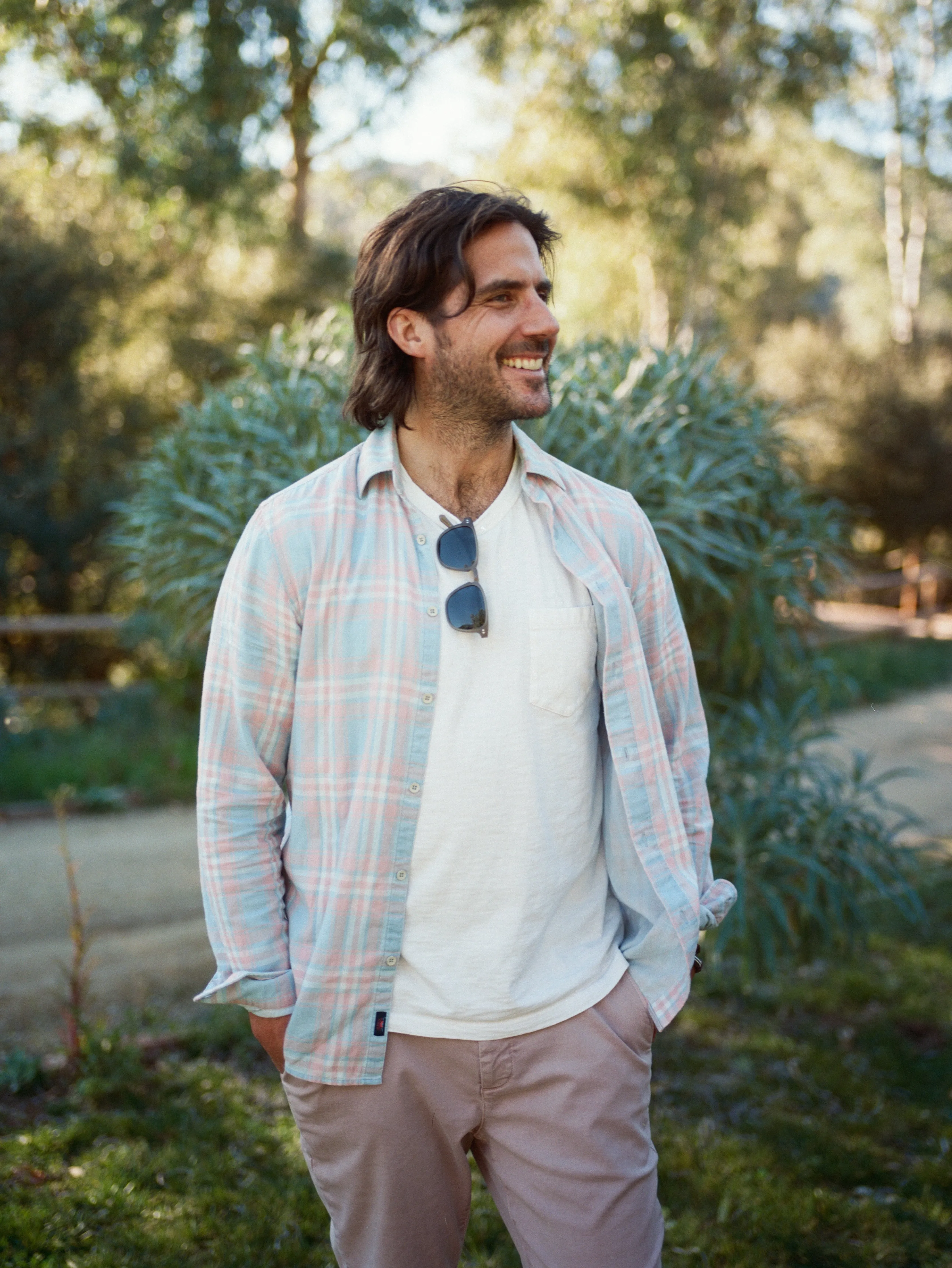 Sunwashed Chambray Shirt - Coral Bay Plaid sold by Faherty